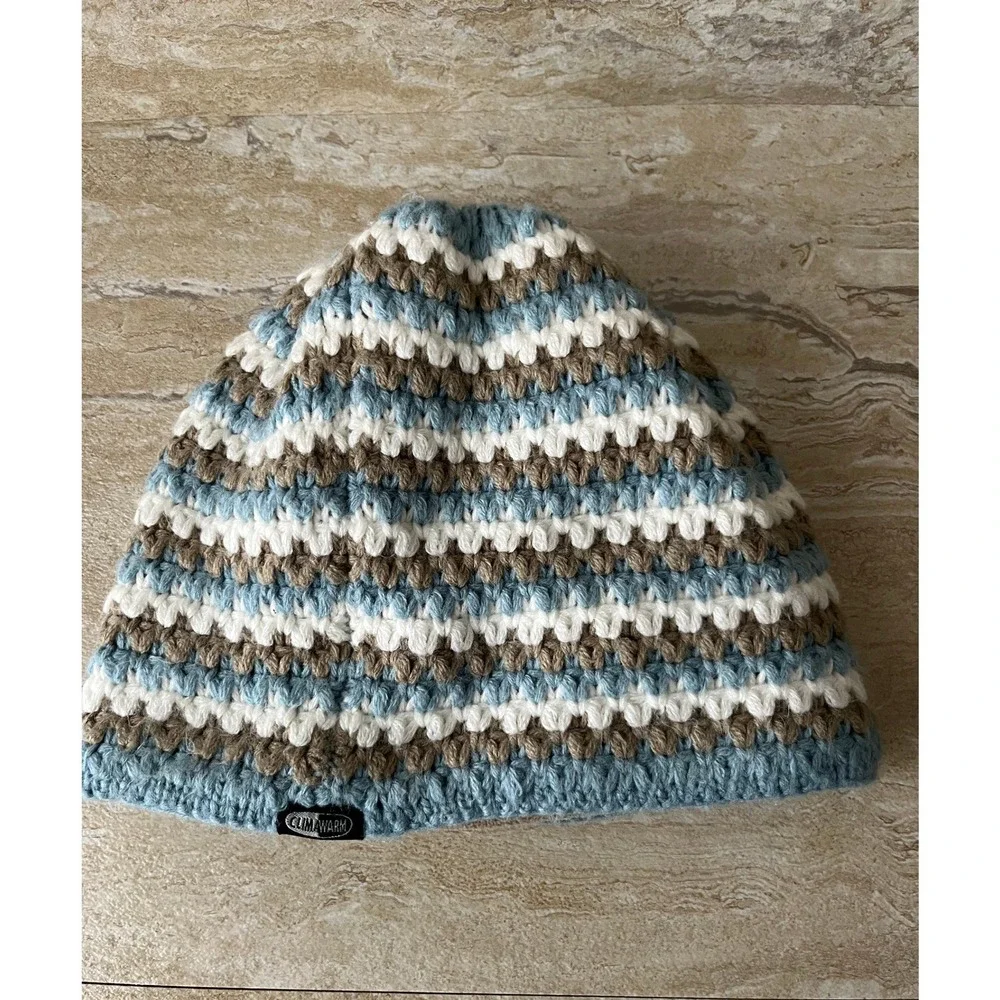 Adidas Beanie Mens OS Blue Striped Crochet Knit Fleece Lined ClimaWarm
